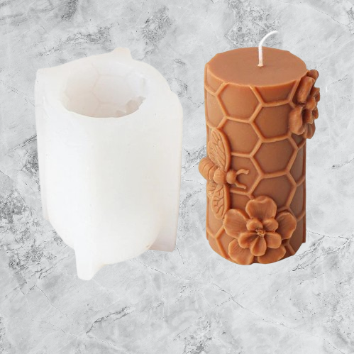 Pillar candle mold honeycomb design with flowers and bee